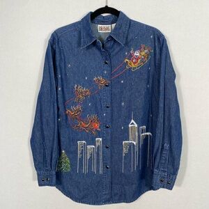 Bill Blass Jeans Christmas Embroidered Denim Button Down Shirt size Medium